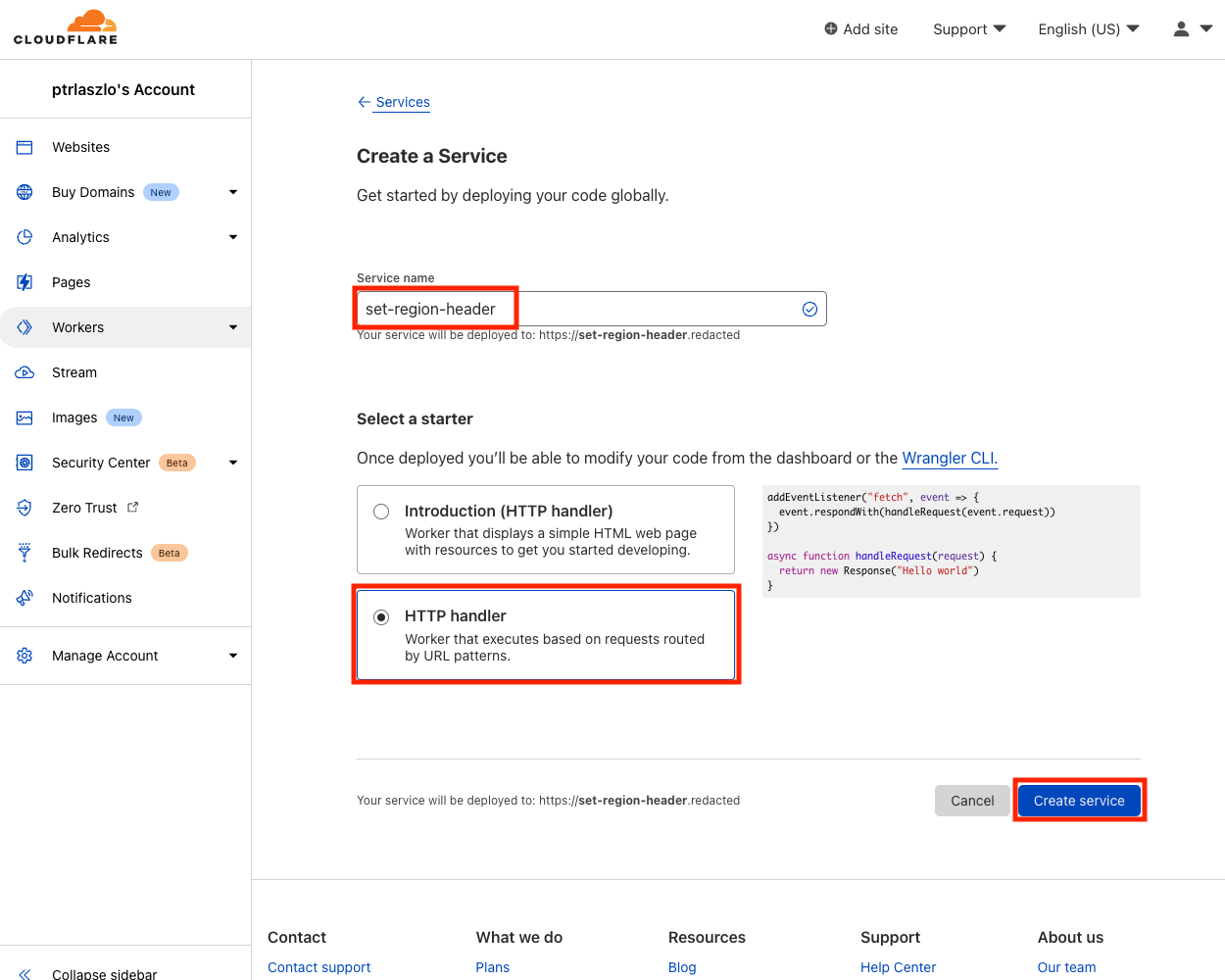 Creating a new worker in Cloudflare Dashboard